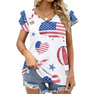 AILLOSA YH-195 V Yakalı Fırfırlı Baskılı Kısa Kollu Kadın T-shirt