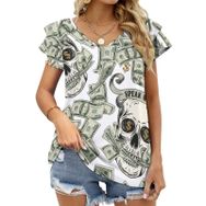 AILLOSA YH-196 V Yakalı Fırfırlı Baskılı Kısa Kollu Kadın T-shirt