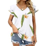 AILLOSA YH-199 V Yakalı Fırfırlı Baskılı Kısa Kollu Kadın T-shirt