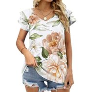 AILLOSA YH-20 V Yakalı Fırfırlı Baskılı Kısa Kollu Kadın T-shirt