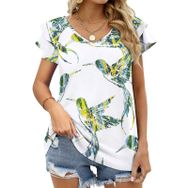 AILLOSA YH-200 V Yakalı Fırfırlı Baskılı Kısa Kollu Kadın T-shirt
