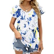 AILLOSA YH-202 V Yakalı Fırfırlı Baskılı Kısa Kollu Kadın T-shirt