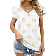 AILLOSA YH-204 V Yakalı Fırfırlı Baskılı Kısa Kollu Kadın T-shirt