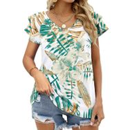 AILLOSA YH-205 V Yakalı Fırfırlı Baskılı Kısa Kollu Kadın T-shirt
