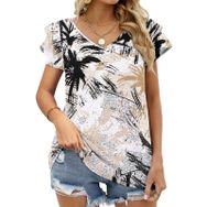 AILLOSA YH-206 V Yakalı Fırfırlı Baskılı Kısa Kollu Kadın T-shirt