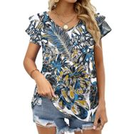 AILLOSA YH-207 V Yakalı Fırfırlı Baskılı Kısa Kollu Kadın T-shirt