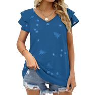 AILLOSA YH-208 V Yakalı Fırfırlı Baskılı Kısa Kollu Kadın T-shirt