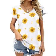 AILLOSA YH-209 V Yakalı Fırfırlı Baskılı Kısa Kollu Kadın T-shirt