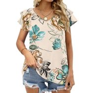 AILLOSA YH-21 V Yakalı Fırfırlı Baskılı Kısa Kollu Kadın T-shirt