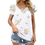 AILLOSA YH-210 V Yakalı Fırfırlı Baskılı Kısa Kollu Kadın T-shirt