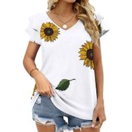 AILLOSA YH-211 V Yakalı Fırfırlı Baskılı Kısa Kollu Kadın T-shirt
