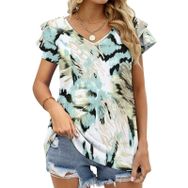 AILLOSA YH-213 V Yakalı Fırfırlı Baskılı Kısa Kollu Kadın T-shirt
