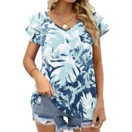 AILLOSA YH-214 V Yakalı Fırfırlı Baskılı Kısa Kollu Kadın T-shirt