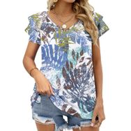 AILLOSA YH-219 V Yakalı Fırfırlı Baskılı Kısa Kollu Kadın T-shirt