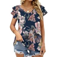 AILLOSA YH-22 V Yakalı Fırfırlı Baskılı Kısa Kollu Kadın T-shirt