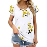 AILLOSA YH-220 V Yakalı Fırfırlı Baskılı Kısa Kollu Kadın T-shirt