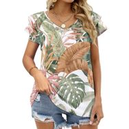 AILLOSA YH-221 V Yakalı Fırfırlı Baskılı Kısa Kollu Kadın T-shirt