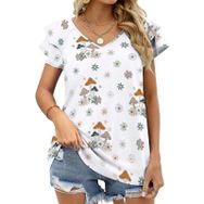 AILLOSA YH-222 V Yakalı Fırfırlı Baskılı Kısa Kollu Kadın T-shirt