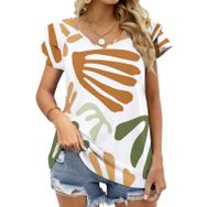 AILLOSA YH-226 V Yakalı Fırfırlı Baskılı Kısa Kollu Kadın T-shirt