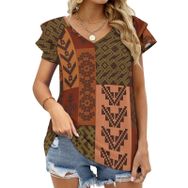 AILLOSA YH-228 V Yakalı Fırfırlı Baskılı Kısa Kollu Kadın T-shirt