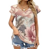 AILLOSA YH-23 V Yakalı Fırfırlı Baskılı Kısa Kollu Kadın T-shirt