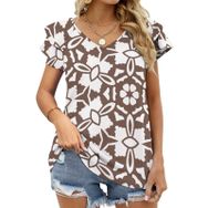 AILLOSA YH-231 V Yakalı Fırfırlı Baskılı Kısa Kollu Kadın T-shirt