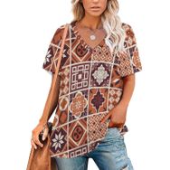 AILLOSA YH-233 Tamamı Baskılı V Yaka Kısa Kollu Kadın T-shirt