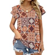 AILLOSA YH-233 V Yakalı Fırfırlı Baskılı Kısa Kollu Kadın T-shirt