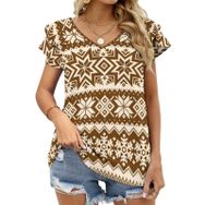 AILLOSA YH-234 V Yakalı Fırfırlı Baskılı Kısa Kollu Kadın T-shirt