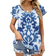 AILLOSA YH-236 V Yakalı Fırfırlı Baskılı Kısa Kollu Kadın T-shirt