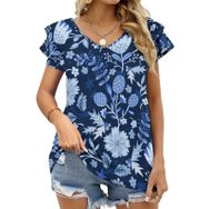 AILLOSA YH-237 V Yakalı Fırfırlı Baskılı Kısa Kollu Kadın T-shirt
