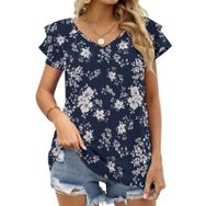 AILLOSA YH-238 V Yakalı Fırfırlı Baskılı Kısa Kollu Kadın T-shirt