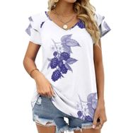 AILLOSA YH-239 V Yakalı Fırfırlı Baskılı Kısa Kollu Kadın T-shirt