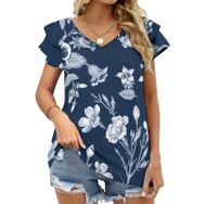 AILLOSA YH-24 V Yakalı Fırfırlı Baskılı Kısa Kollu Kadın T-shirt
