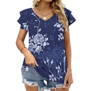 AILLOSA YH-240 V Yakalı Fırfırlı Baskılı Kısa Kollu Kadın T-shirt