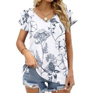 AILLOSA YH-241 V Yakalı Fırfırlı Baskılı Kısa Kollu Kadın T-shirt
