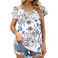 AILLOSA YH-242 V Yakalı Fırfırlı Baskılı Kısa Kollu Kadın T-shirt
