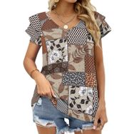 AILLOSA YH-243 V Yakalı Fırfırlı Baskılı Kısa Kollu Kadın T-shirt