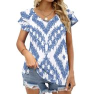 AILLOSA YH-244 V Yakalı Fırfırlı Baskılı Kısa Kollu Kadın T-shirt