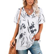 AILLOSA YH-245 Tamamı Baskılı V Yaka Kısa Kollu Kadın T-Shirt