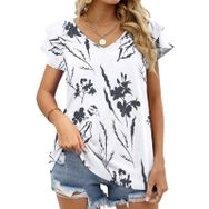 AILLOSA YH-245 V Yakalı Fırfırlı Baskılı Kısa Kollu Kadın T-shirt