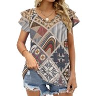 AILLOSA YH-246 V Yakalı Fırfırlı Baskılı Kısa Kollu Kadın T-shirt