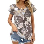 AILLOSA YH-247 V Yakalı Fırfırlı Baskılı Kısa Kollu Kadın T-shirt