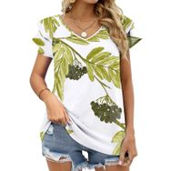 AILLOSA YH-248 V Yakalı Fırfırlı Baskılı Kısa Kollu Kadın T-shirt
