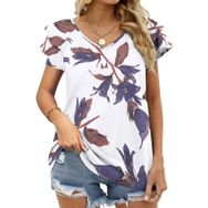 AILLOSA YH-249 V Yakalı Fırfırlı Baskılı Kısa Kollu Kadın T-shirt