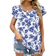 AILLOSA YH-25 V Yakalı Fırfırlı Baskılı Kısa Kollu Kadın T-shirt