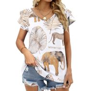 AILLOSA YH-250 V Yakalı Fırfırlı Baskılı Kısa Kollu Kadın T-shirt
