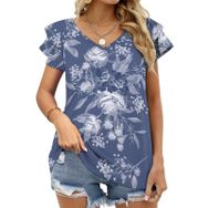 AILLOSA YH-251 V Yakalı Fırfırlı Baskılı Kısa Kollu Kadın T-shirt