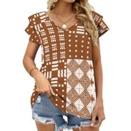 AILLOSA YH-252 V Yakalı Fırfırlı Baskılı Kısa Kollu Kadın T-shirt