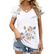 AILLOSA YH-253 V Yakalı Fırfırlı Baskılı Kısa Kollu Kadın T-shirt